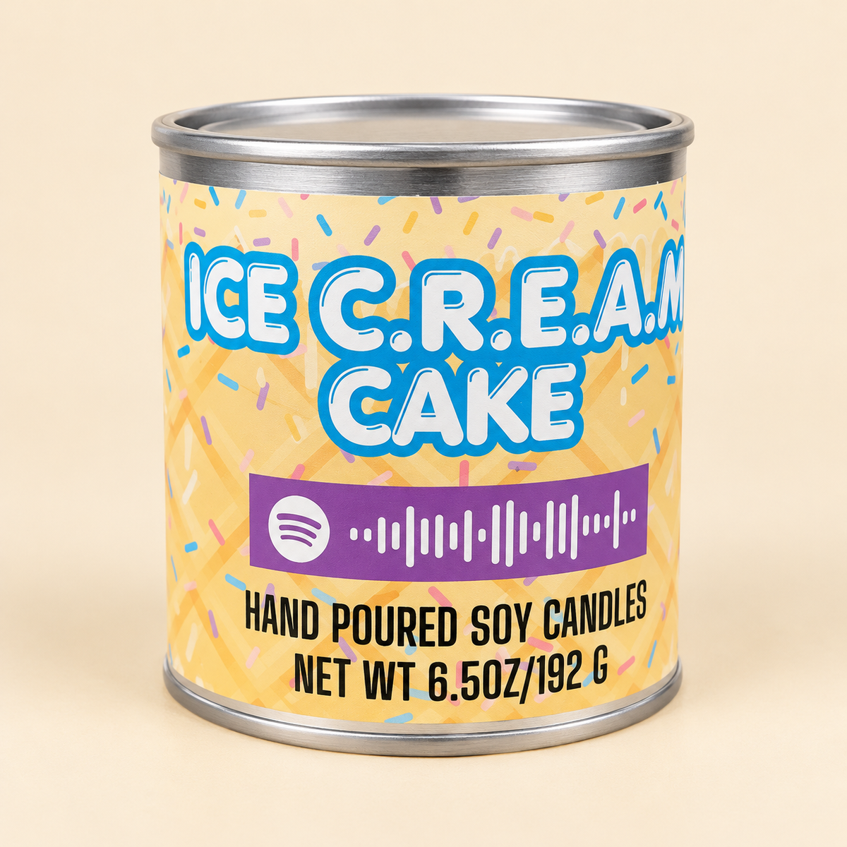Ice Cream Cake Mixtape Candle in silver paint can on cream background