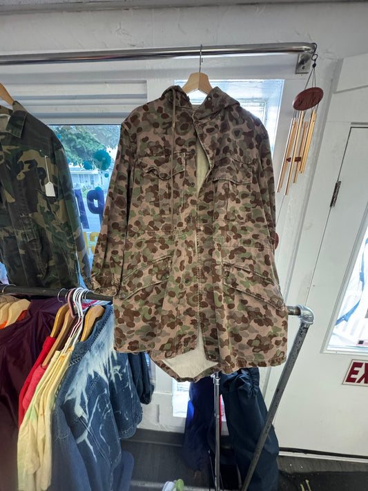 Camo hooded fishtail field parka front view