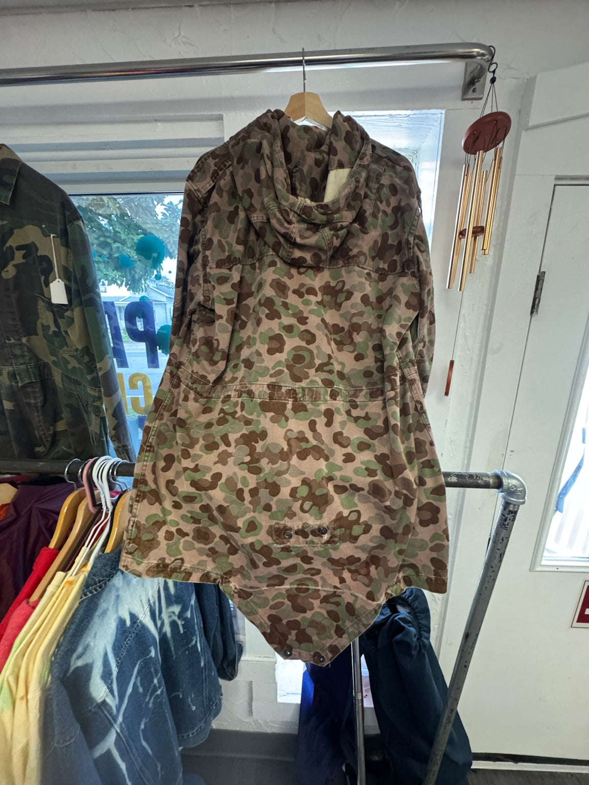 Camo hooded fishtail field parka side view
