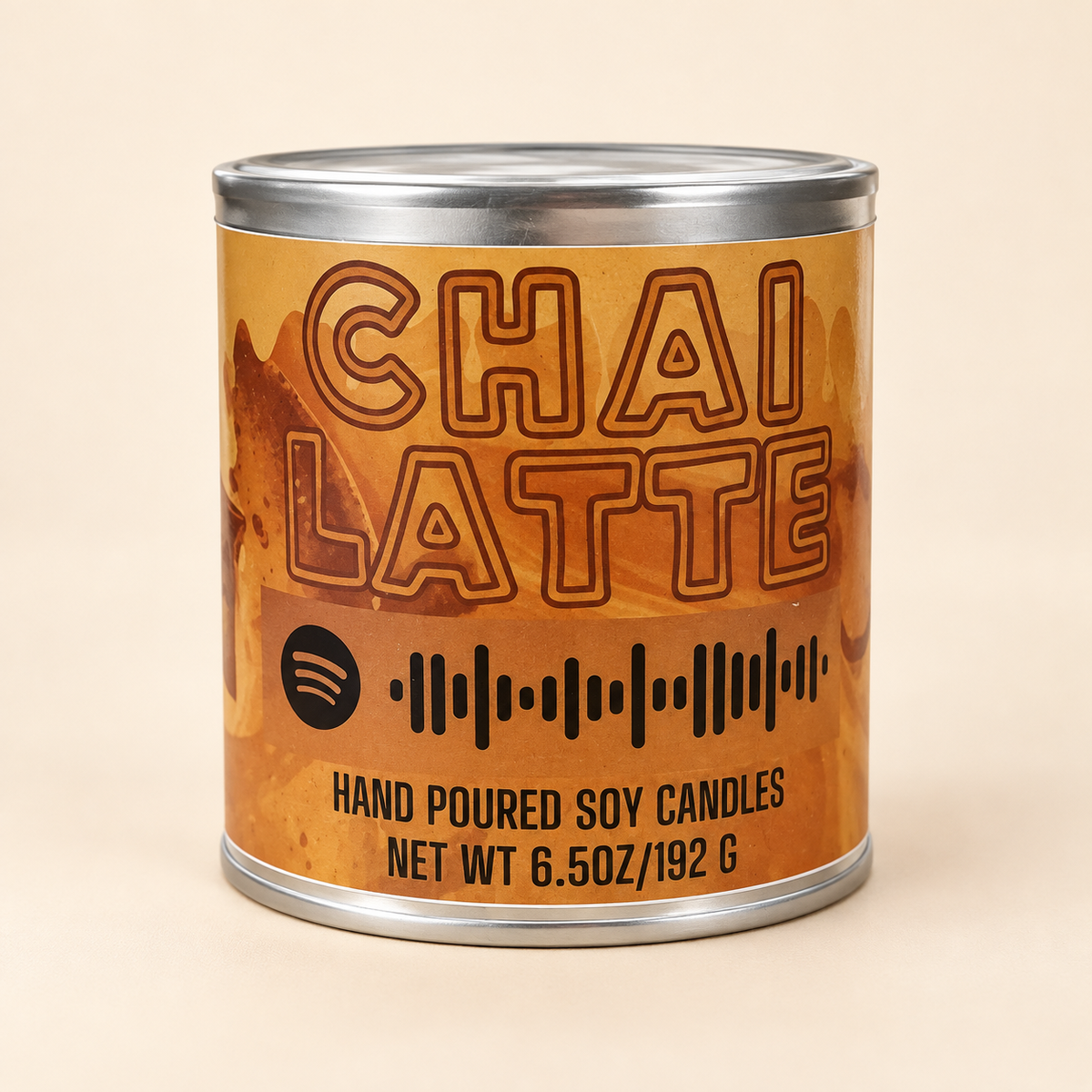 Chai Latte Mixtape Candle in silver paint can on cream background