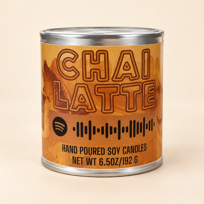 Chai Latte Mixtape Candle in silver paint can on cream background