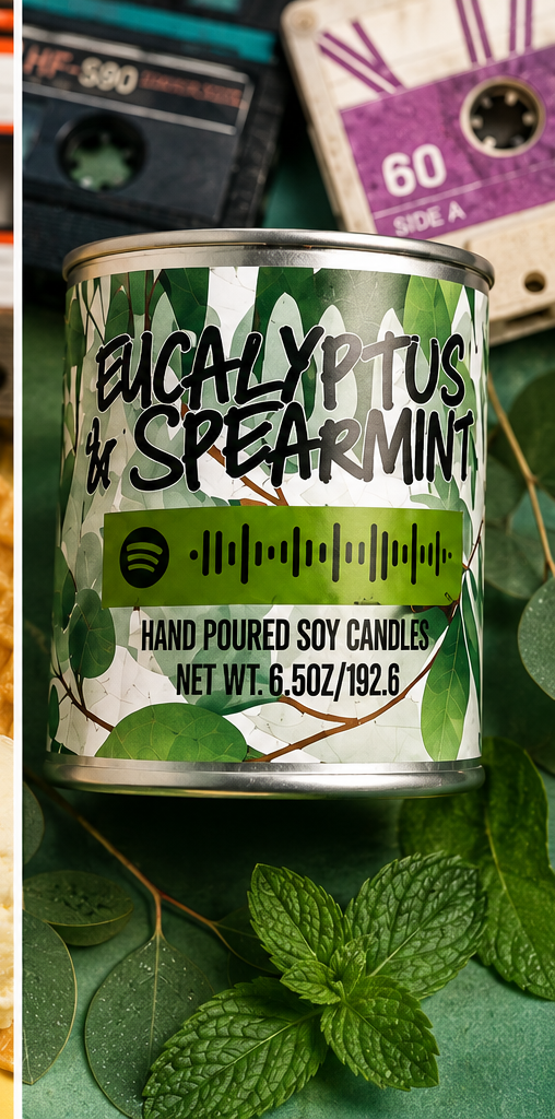 Eucalyptus and Spearmint Mixtape Candle product photo with retro cassette tape styling.