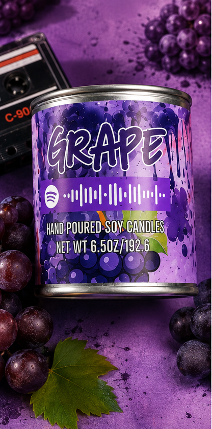 Grape Mixtape Candle product photo with retro cassette tape styling.