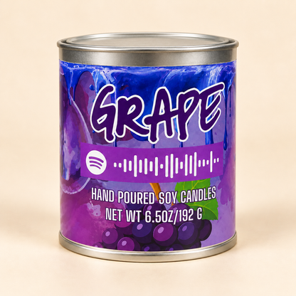 Grape Mixtape Candle in silver paint can on cream background