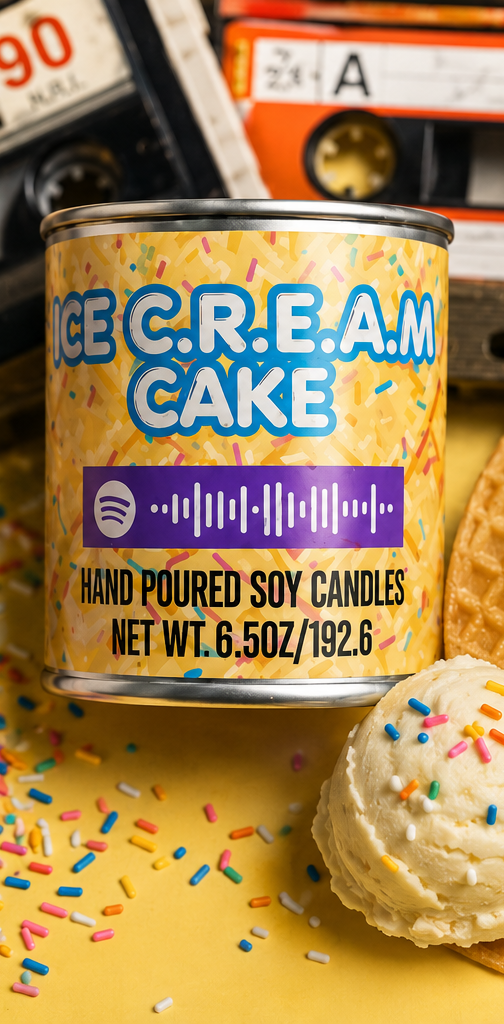 Ice Cream Cake Mixtape Candle product photo with retro cassette tape styling.