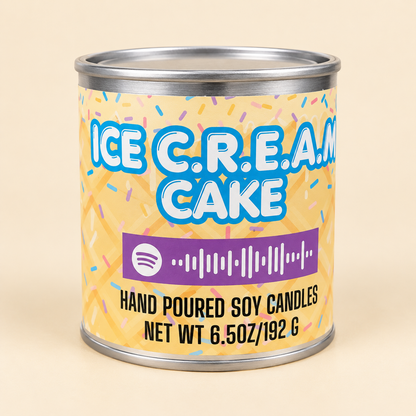 Ice Cream Cake Mixtape Candle in silver paint can on cream background