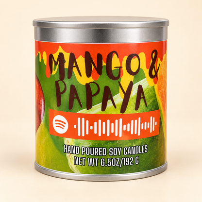 Mango Papaya Mixtape Candle in silver paint can on cream background