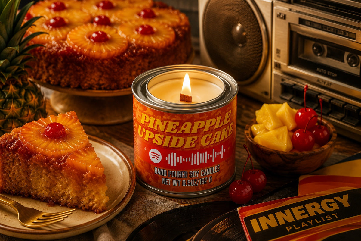 Pineapple Upside Down Cake Mixtape Candle lit beside pineapple cake, cherries, and retro audio equipment.
