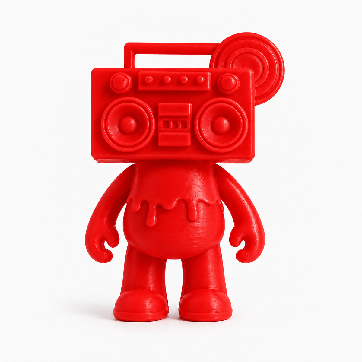 Red 4-inch Boom Bear collectible figure with boombox head by Spill Your Creativity, photographed on a white background.