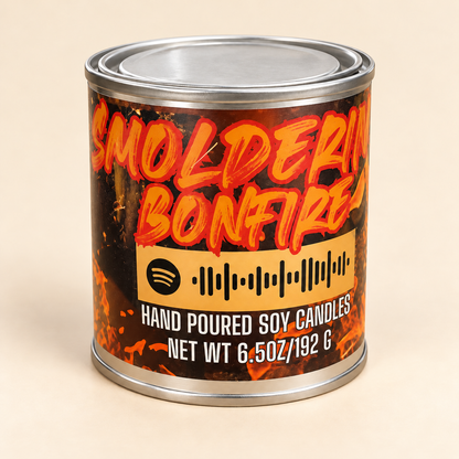Smoldering Bonfire Mixtape Candle in silver paint can on cream background