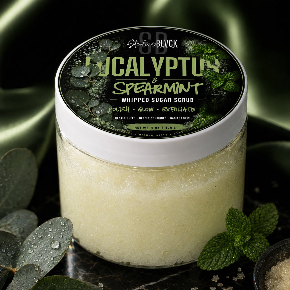 SterlingBLVCK Premium Eucalyptus & Spearmint Whipped Sugar Scrub lifestyle product photo