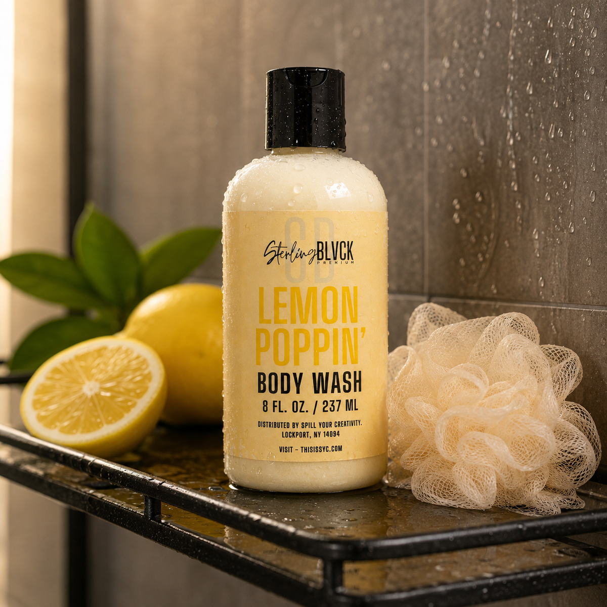 SterlingBLVCK Premium Lemon Poppin Body Wash in shower lifestyle setting