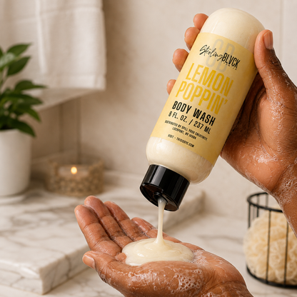 SterlingBLVCK Premium Lemon Poppin Body Wash being poured into hand