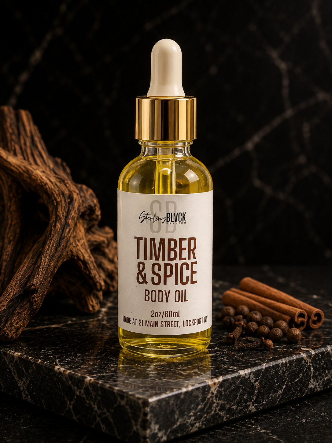 SterlingBLVCK Premium Timber & Spice Body Oil on black granite slab