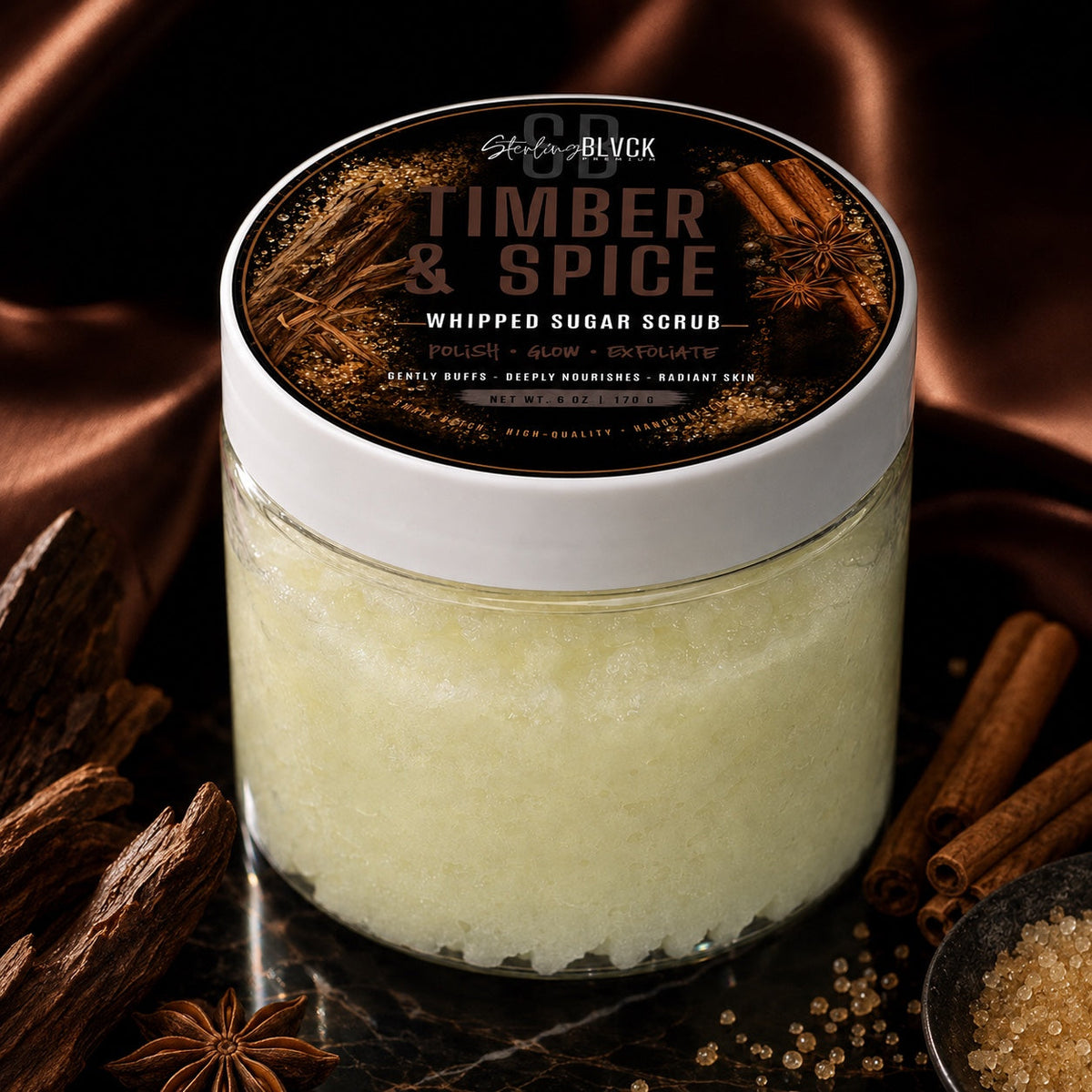 SterlingBLVCK Premium Timber & Spice Whipped Sugar Scrub lifestyle product photo