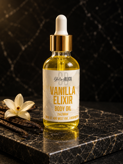 SterlingBLVCK Premium Vanilla Elixir Body Oil on black granite slab