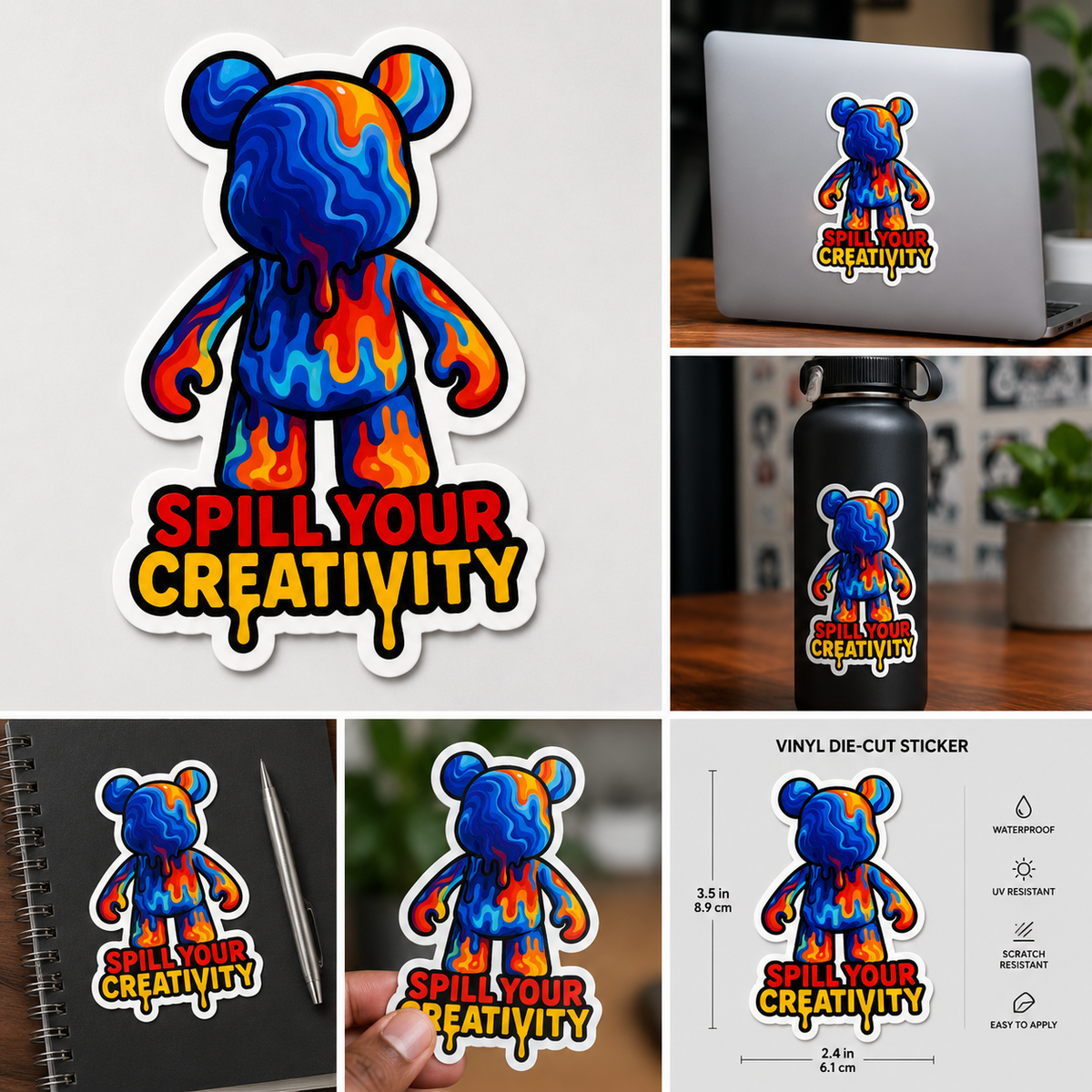 SYC Drip Bear Sticker lifestyle and product collage