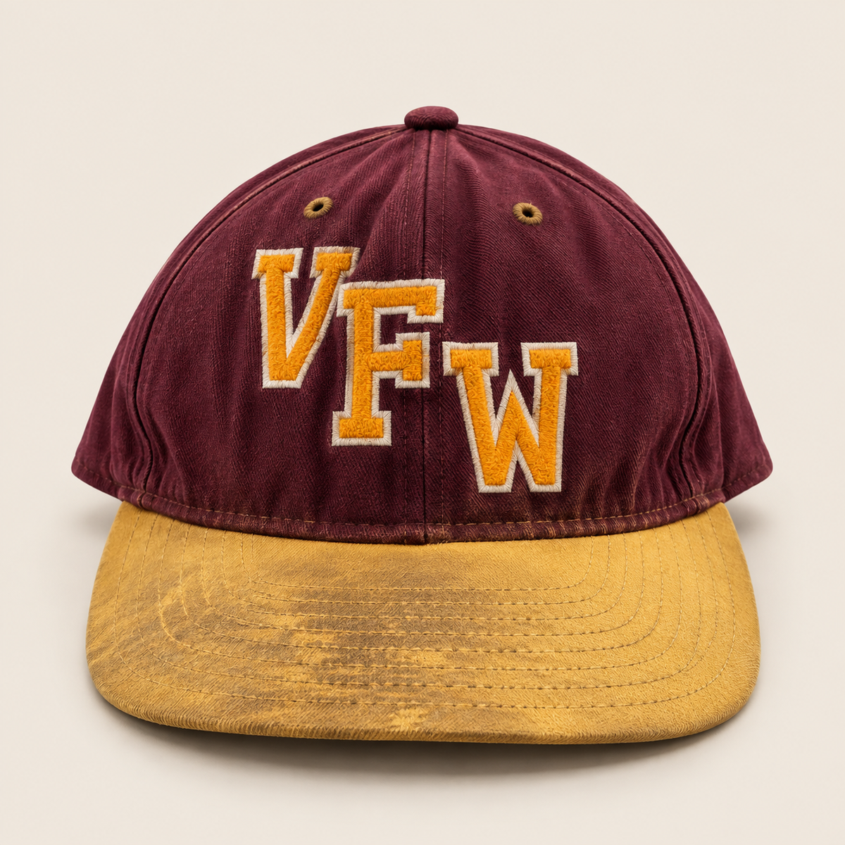 Vintage New Era VFW burgundy and gold snapback front view
