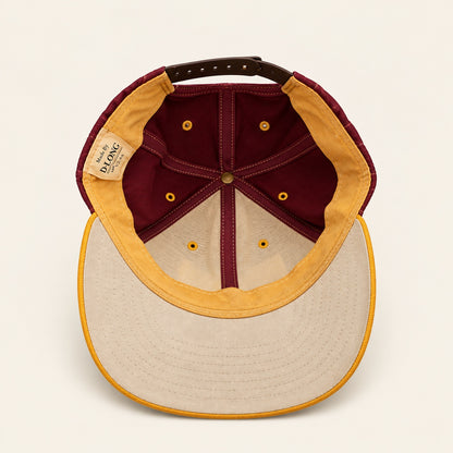 Inside view of vintage burgundy and gold VFW snapback hat with Made by D-Long U.S.A. label