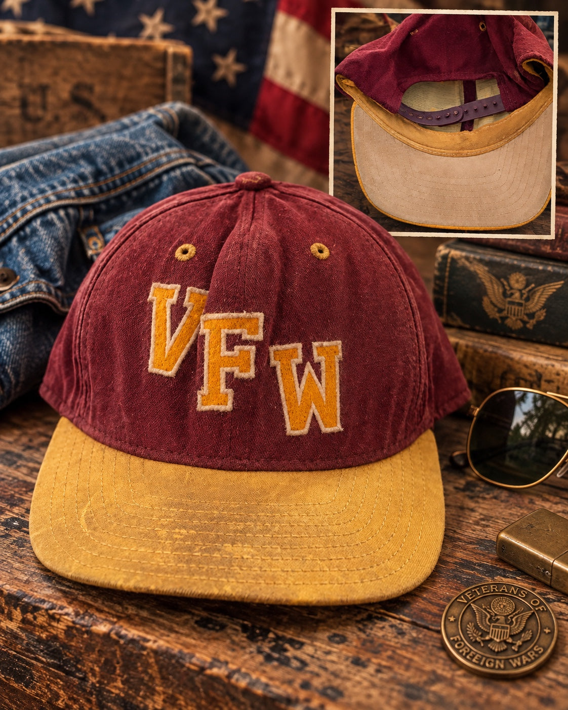 Lifestyle photo of vintage burgundy and gold VFW snapback hat styled with Americana decor