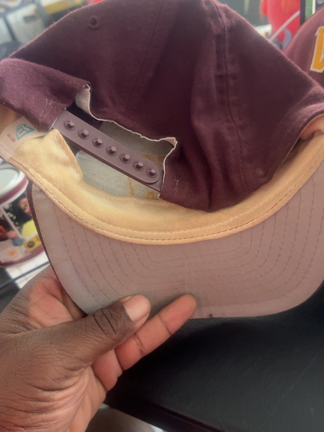 Original inside view of vintage burgundy VFW snapback hat