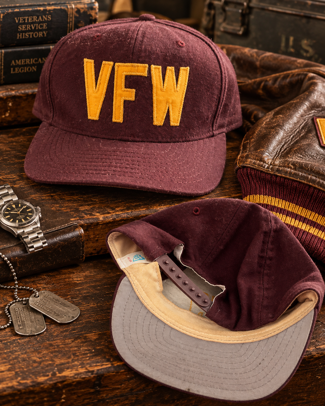 Lifestyle photo of vintage burgundy VFW snapback hat